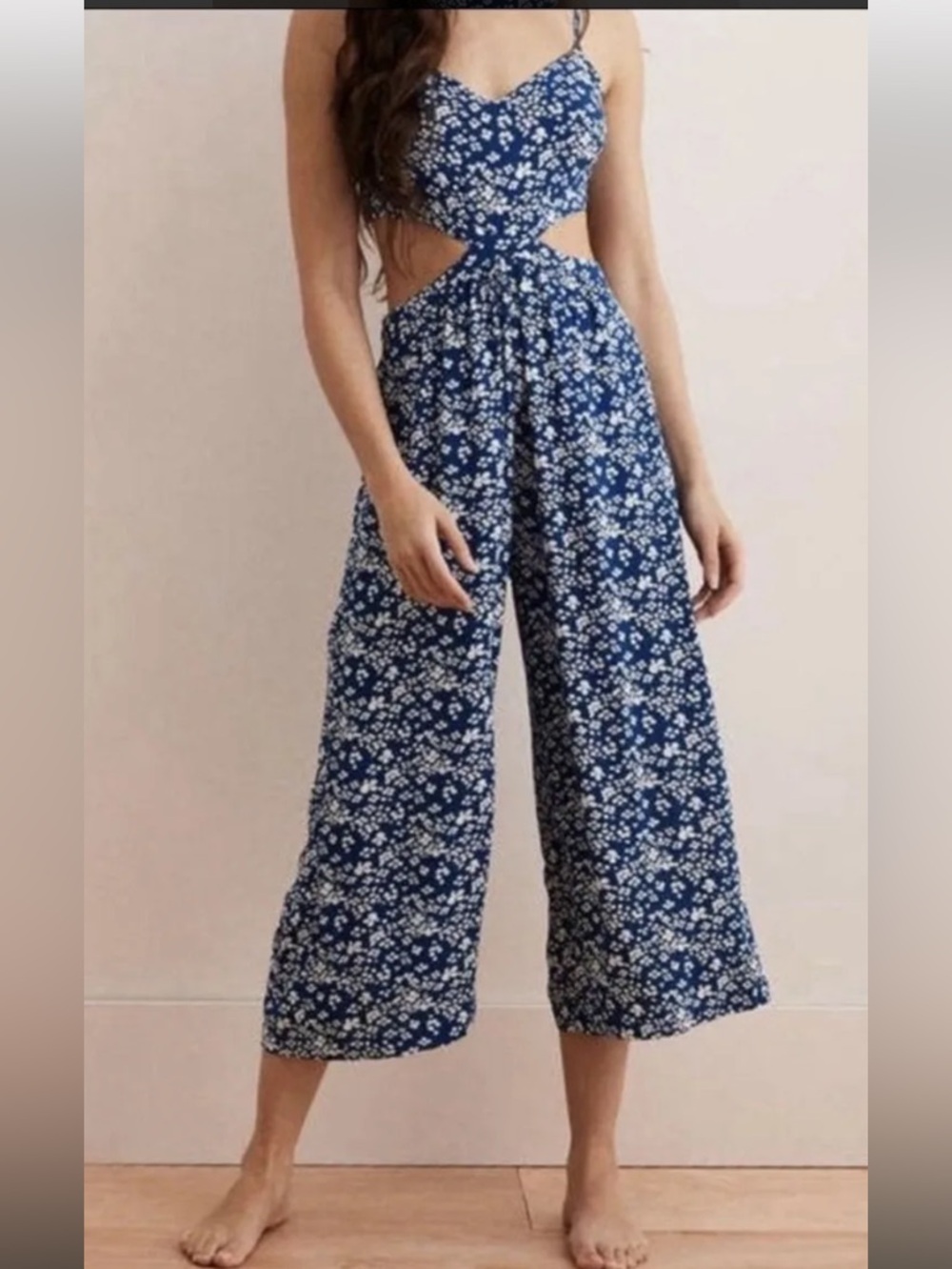 Aerie Blue Floral Cutout Wide-Leg Jumpsuit